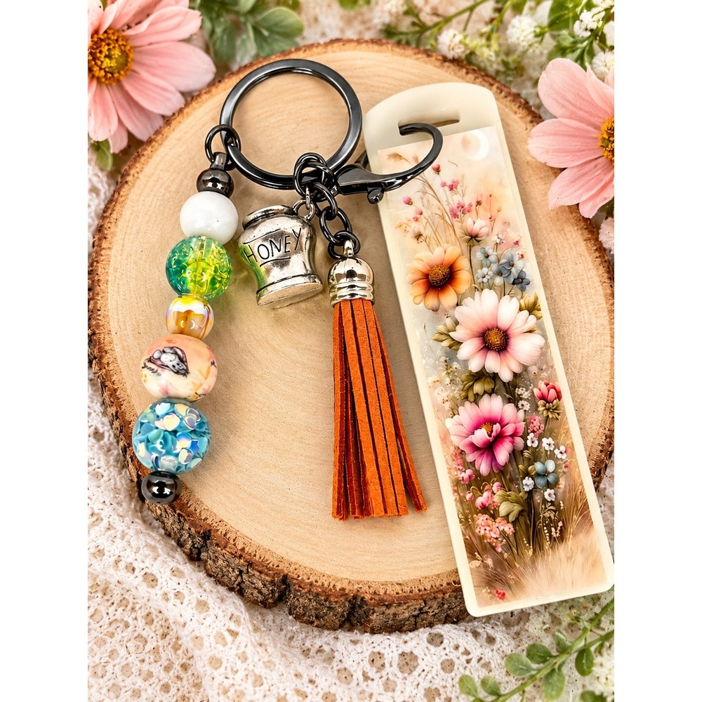 Handmade Floral Keychain Honey Pot Charm Beaded Tassel Acrylic Flower Tag 18